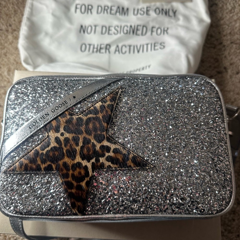 Golden Goose Glitter Crossbody Bag with Leopard Star